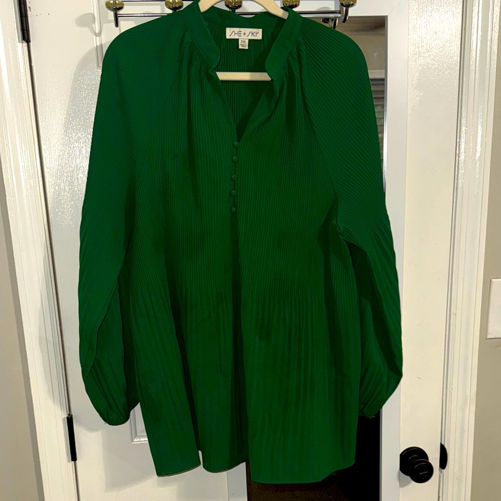 She + Sky Emerald Green Pleated Blouse 2X